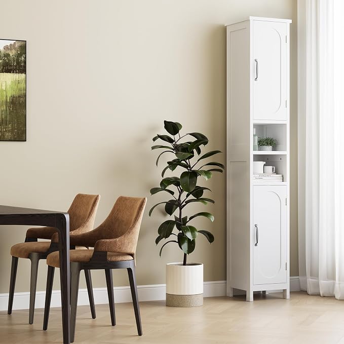 67" Tall Bathroom Storage Cabinet with Lights, Slim Narrow Bathroom Cabinet Organizer with Doors and Adjustable Shelves, Tall Cabinet for Small Space (66.9" Tall-White with Light)