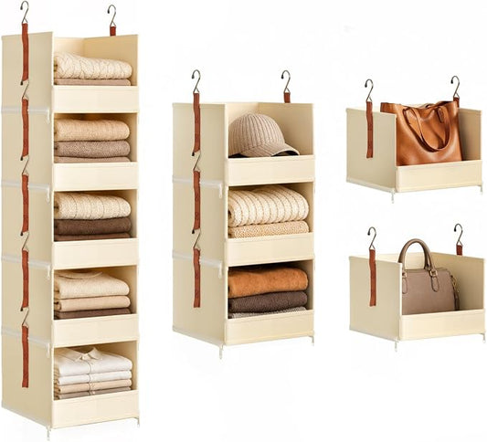 DIMJ Hanging Closet Organizer - 5-Tier Modular Hanging Shelves with Zippers Hooks, Collapsible Baskets for RV, Dorm, Small Spaces, Fabric Storage Bins for Clothes, Handbags