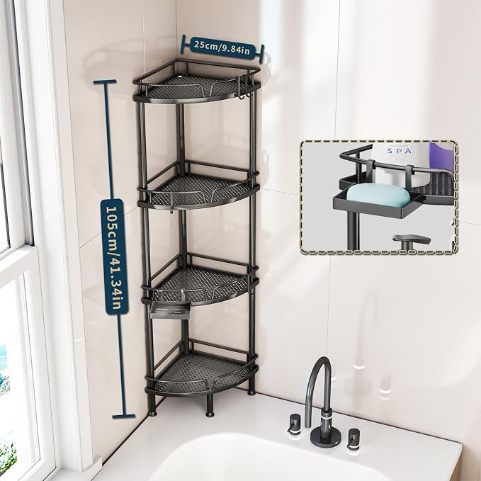 Consumest Corner Shower Caddy Stand - 4 Tier Shower Organizer with Soap Holder, Tall Floor Corner Shelf Standing with Adjustable Feet & 4 Hooks, Storage Rack for Bathroom Black