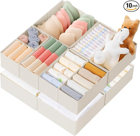 Criusia Drawer Organizer Clothes, 10 Pack Dresser Organizer for Baby Clothes, Underwear, Sock- Foldable Closet Organization and Storage Dividers Bins for Nursery, Bedroom (Oatmeal)