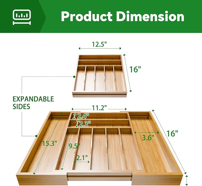 Simple Trending Expandable Bamboo Kitchen Drawer Organizer, Natural | Adjustable Silverware Organizer with 9 Compartments, Practical Utensil Cutlery Tray for Flatware, Flexible Storage