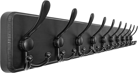 Coat Rack Wall - Heavy-Duty 38-1/4" Long, with Reinforced 10 Custom Tri-Hooks, Solid Wood Wall Hanger for Coats Hat Jackets - Rustic Farmhouse Entryway Hallway Storage, Black