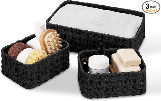 Granny Says Wicker Baskets For Shelves, Small Woven Baskets For Organizing | Small Woven Storage Baskets for Shelf, Rattan Basket For Organizing, Wicker Basket Set, 3-Pack Small Waterproof Baskets