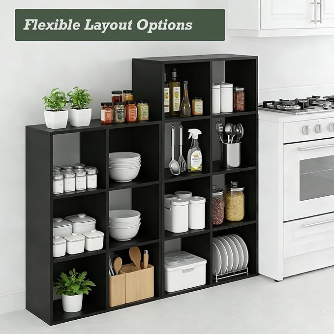 8 Cube Storage Organizer Shelf, Open Cube Bookshelf | Reversible Bookcase, Sturdy Modern Storage for Home Office, Bedroom, Living Room, Deep Black