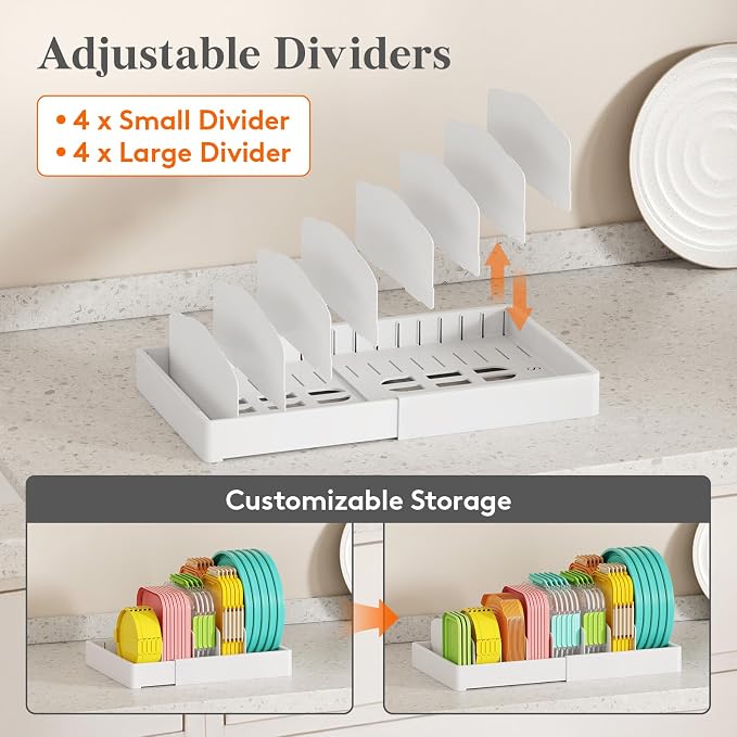 Lifewit Kitchen Cabinet Organizer for Food Contanier Lid, Expandable Lids Holder with 8 Adjustable Dividers & 9 Sections for Pantry Organizers and Storage, Home Drawer Organization, Large, 9.8"-17"