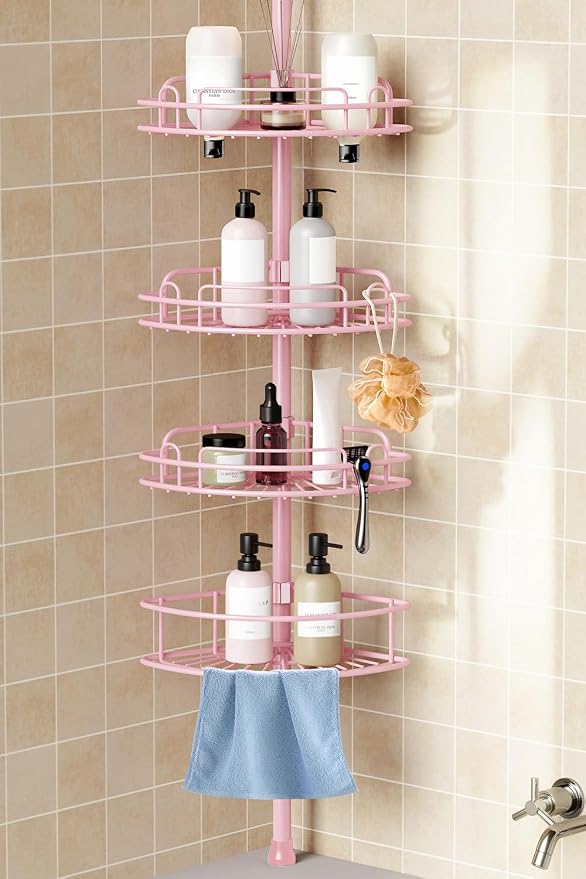 HAMITOR Corner Shower Caddy Tension Pole: 4-Tier Rust-Resistant Adjustable Bathroom Organizer Shelves - 47.72-123.6 Inch No-Drill Quick Installation - Space-Saving Storage for Renters Family - Pink