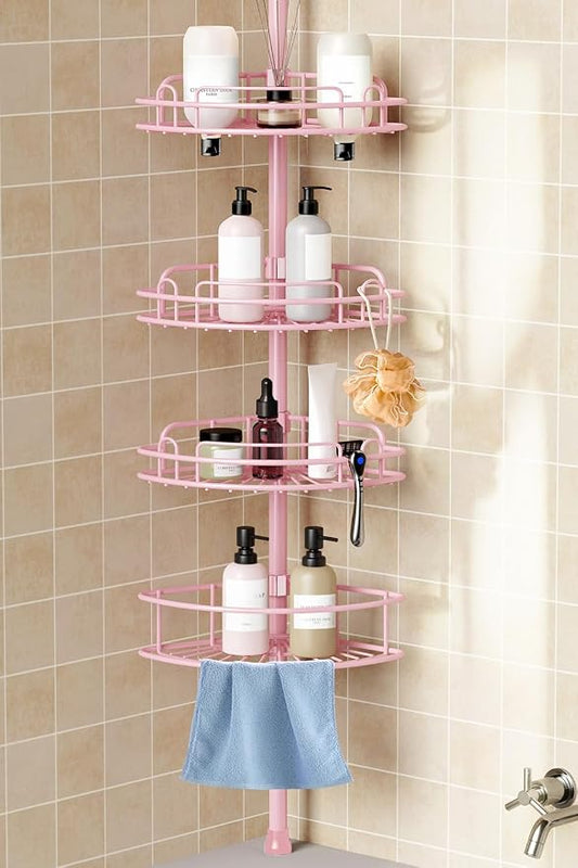 HAMITOR Corner Shower Caddy Tension Pole: 4-Tier Rust-Resistant Adjustable Bathroom Organizer Shelves - 47.72-123.6 Inch No-Drill Quick Installation - Space-Saving Storage for Renters Family - Pink