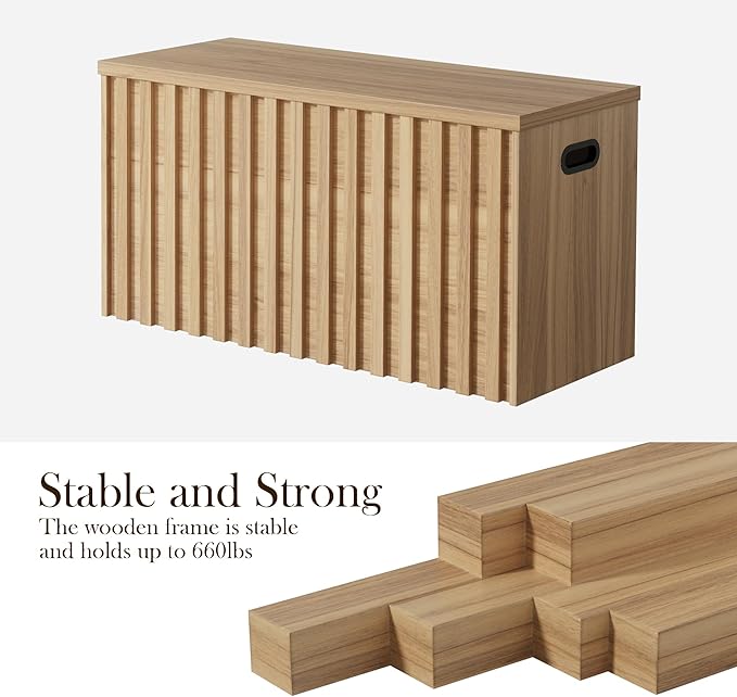 Storage Bench,39.4" Wood Box, Storage Trunk with 2 Safety Hinges, Ottoman Storage Chest, Fluted Storage Bench for Bedroom, Entryway, Living Room(Natural Wood)