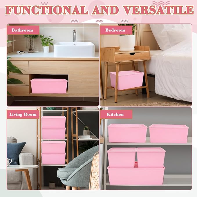 6 Pcs Large and Small Plastic Storage Bins with Lids 14.4 x 10.4 x 5.1 Inch Stackable Storage Containers Decorative Cubby Organizer for Clothes Shelves Garage Closet Office(Pink)