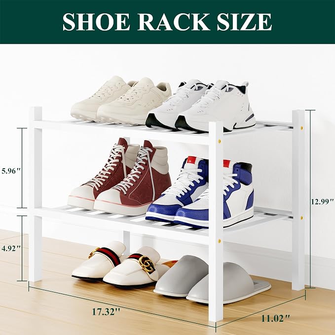 Smiry Bamboo Shoe Rack, 12 Vertical Slats, 2 Tier - 17.3" Wide, White | Stackable Free Standing Wooden Shoe Organizer, Wood Shoe Storage Shelf for Closet, Entryway