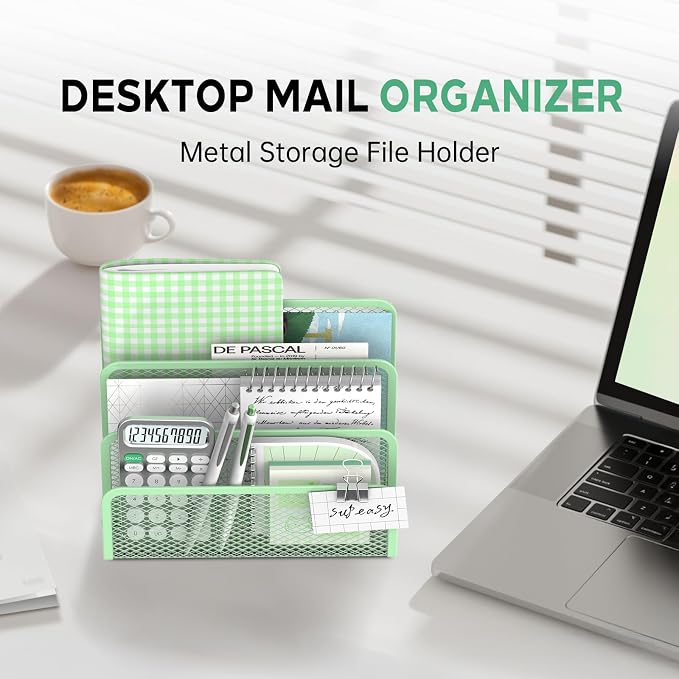 SUPEASY Mail Organizer for Desk, Mesh Metal Mail Holder Countertop with 3-Slot, Letter Sorter File Holder, Office Envelope Organizer for Mails (Mint Green)