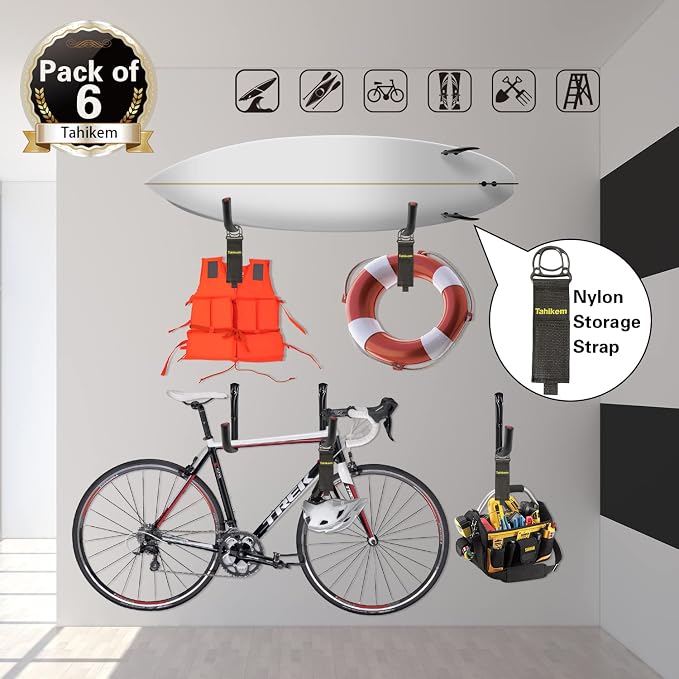 6 Pack 7-Inch Wall Mount Garage Storage Hooks for Ladder & Tools | Wall Mounted, Rust Resistant,Hooks with Installation, J Hooks for Ladder, Bike, Cable Bracket(Max 30 lbs)