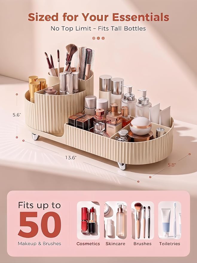 Booklov Rotating Makeup Organizer for Vanity Countertop, Cream | Plastic Cosmetic Display Case, Large Beauty Brush Holder for Bathroom Counter, Skin Care Perfumes Storage