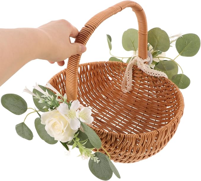 Totority Woven Storage Basket with Handle, Decorative Picnic & Fruit Basket for Home, Farmhouse Decor | Includes Faux Flower Accent | Multi-use Organizer for Kitchen, Dining, Or Display