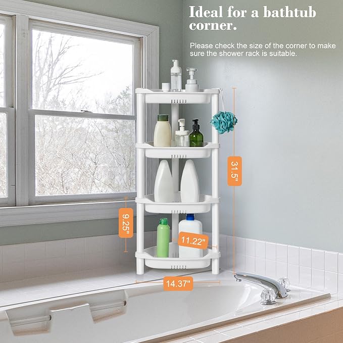 ELYKEN Corner Shower Caddy Standing, 4 Tier Plastic Shower Organizer, White | Rustproof Plastic Shower Shelves with Hook for Storing Bath Essentials in Bathroom corner, Bathtub
