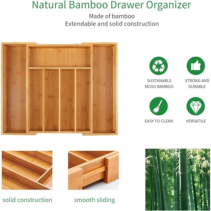 Utoplike Bamboo Cutlery Silverware Tray, Drawer Organizer Kitchen Utensils | Small Drawer Dividers for Flatware Tray Drawer Insert for knives, Gadgets and Garage Tools, Office Supplies, 5-7 Slots