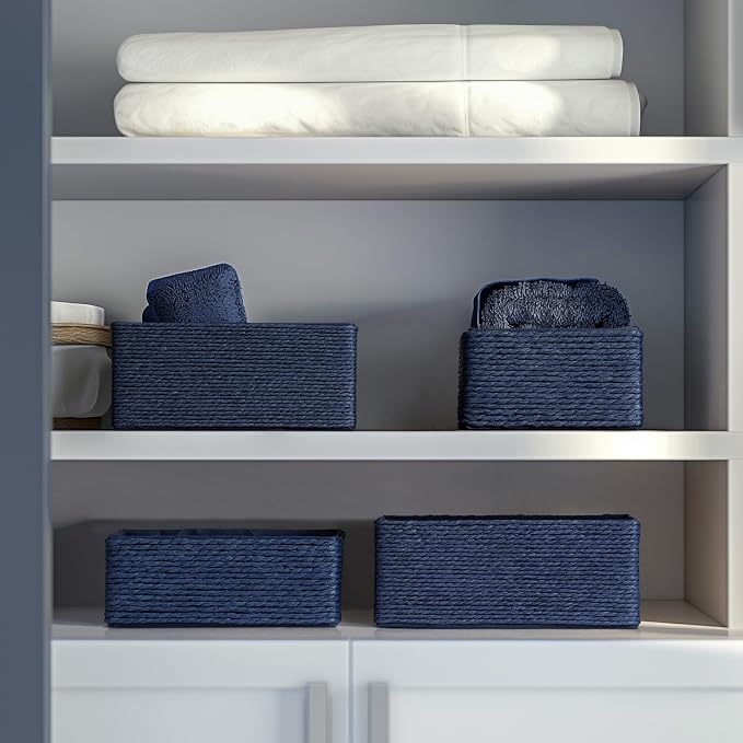 LA JOLIE MUSE Bathroom Basket Organizers, Paper Rope Storage, Blue 4 Pack | Stackable, Sturdy Lined Woven Basket, Organizer for Toilet Paper, Laundry Room Essentials, Shelves and Nightstand Drawers