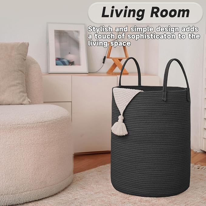 JMvicyroam 80L Cotton Rope Laundry Basket Hamper, Black | Collapsible laundry basket, reinforced handles, freestanding, machine washable, holds 3-5 thick blankets, clothes or toys