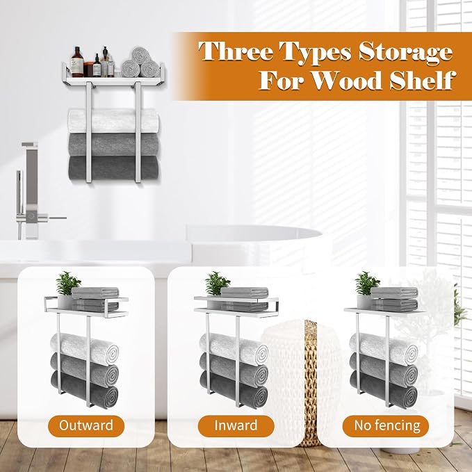 Towel Rack Wall Mounted, Xstydes Metal Towel Holder with Wooden Shelf for Folding Large Towels, Towel Storage for Small Bathroom Organizer Decor or RV Camping, Silver