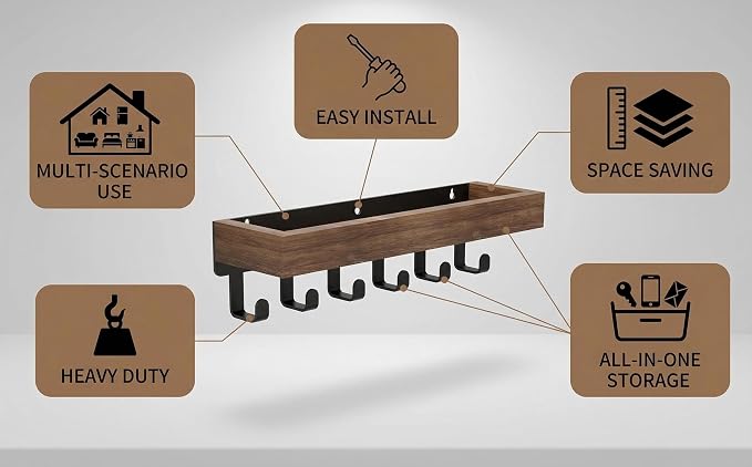 Wall Mount Key Holder with Shelf - Decorative Mail Organizer and Key Hooks for Entryway, Paulownia Wood with Mounting Hardware (9.64”W x 2.36”H x 2.75”L)