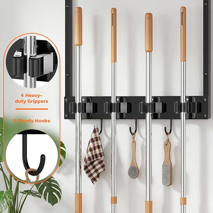 Broom Holder Wall Mount with Shelf, 15.7" Wx6.7 Dx15.7 H, 2 Packs | Load 66LBS, 4 Mop Hanger Grippers, 3 Hooks, for Laundry Room, Garage, Utility Closet, Kitchen