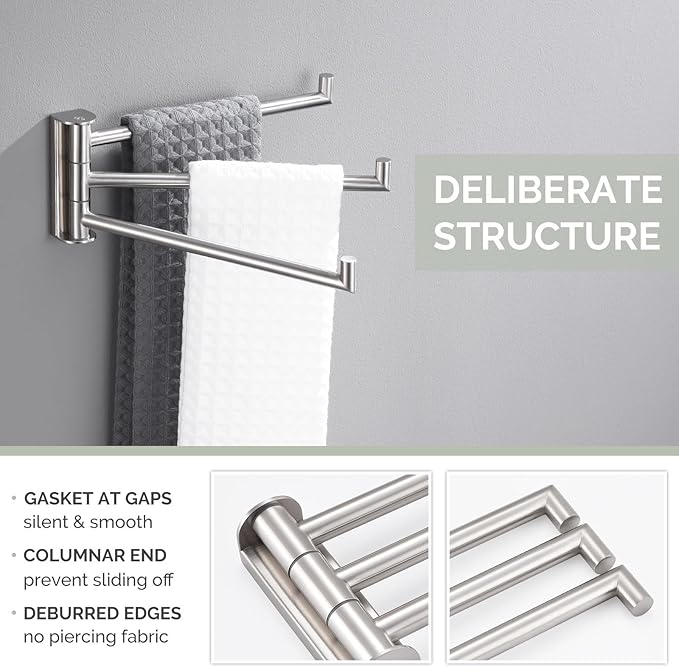 Angle Simple Swivel Hand Towel Holder 3 Bars, Brushed Nickel, 9.84" | SUS304 Stainless Steel Bathroom Kitchen Towel Rack Hanger, Fold Flat to the Wall, Screws Mount