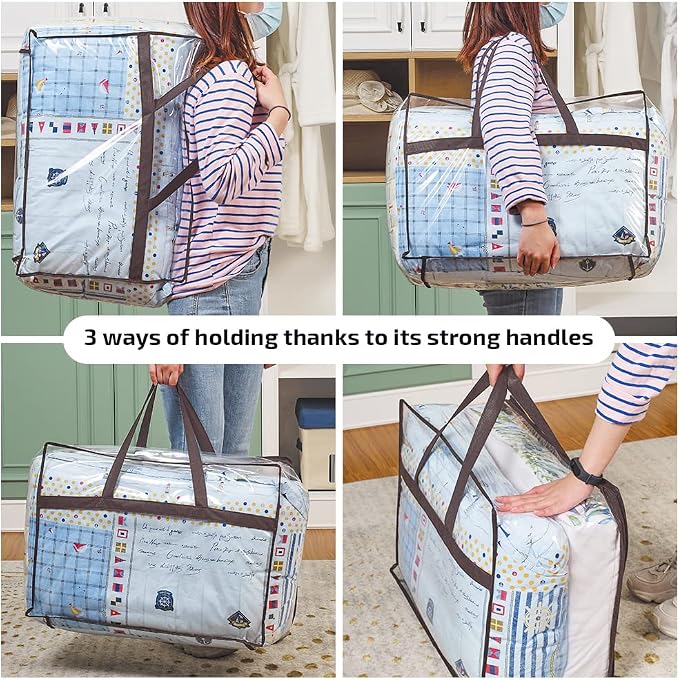 Clear Storage Bags 55L, Heavy Duty PVC Vinyl Organizer with Black Trim & Reinforced Handles, Waterproof Moistureproof Blanket Bag for Clothes, Comforter, Bedding, Moving, 3 Pack