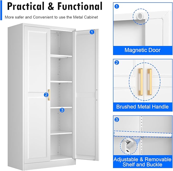 Polup White Kitchen Pantry Cabinet, 71 Inch Tall Metal Storage Cabinet with Doors and Shelves, Pantry Cabinets for Kitchen Storage, Freestanding Cupboard for Living, Dining Room, Assemble Required