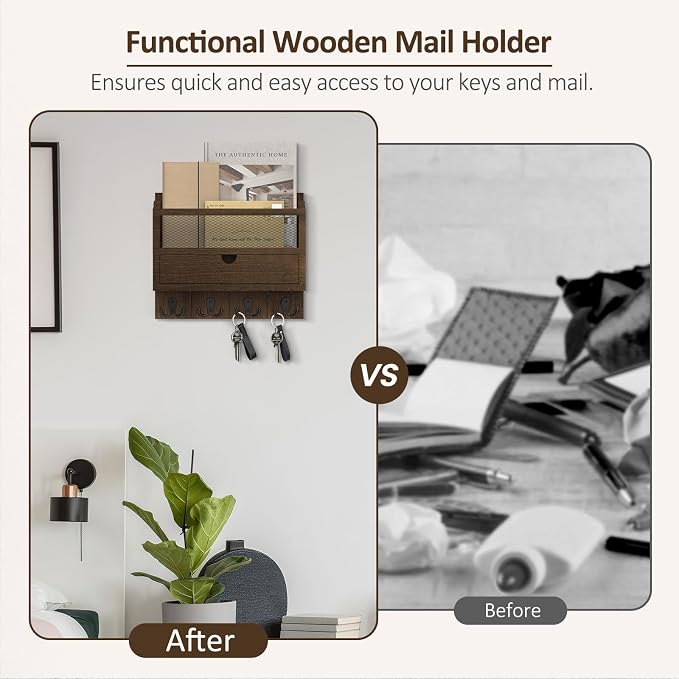 Nekon Mail Organizer with Drawer for Wall, 12"W x 10"H x 3.1"D Mail Sorter Wall Mounted, Wooden Key Holder Wall File Organizer Letter Sorter for Letter Magazines (Brown)
