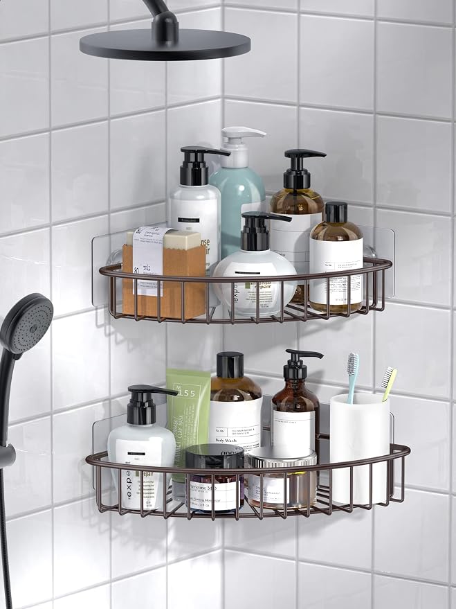 SMARTAKE 2-Pack Corner Shower Caddy, SUS304 Stainless Steel, Bronze | Wall Mounted Bathroom Shelf with Adhesive, Storage Organizer for Toilet, Dorm and Kitchen