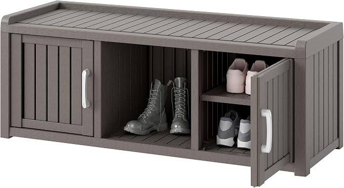 NUNU LAB Shoe Storage Cabinet, Waterproof Shoe Organizer with Adjustable Shelves, UV-Resistant Entryway Shoe Cabinet Bench with 2 Barn Doors for Indoor Outdoor, Foyer, Hallway, Living Room,Grey