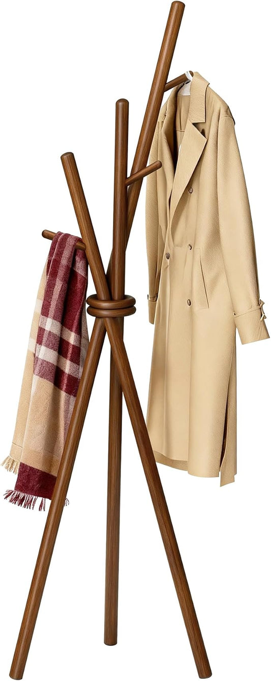 VICITON Wooden Coat Rack, Tripod Coat Tree Freestanding with 3 Hooks for Clothes, Hats and Handbags, Coat Hanger Stand for Bedroom, Living Room, Entryway (Dark)