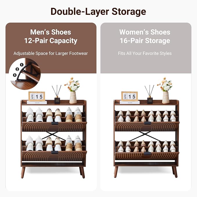 Arch-Chic Shoe Cabinet for Entryway with 2 Flip Door | Farmhouse, Walnut color, Adjustable shelves, Tabletop guardrail, Freestanding shoe storage cabinet, for Entryway/hallway