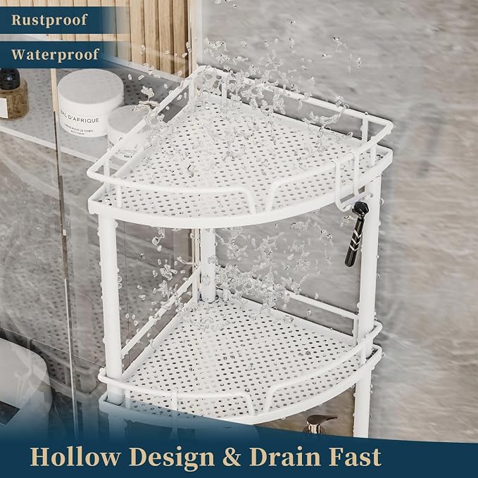 Consumest Corner Shower Organizer Stand - 4 Tier Shower Caddy with Soap Holder, Standing Tall Floor Shower Stand with Adjustable Feet & 4 Hooks, Shower Shelf Rack Storage for Bathroom White