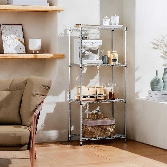 IZEUK 4-Tier Chrome Metal Storage Shelves, Adjustable Wire Shelving Unit Organizer for Kitchen, Bathroom, Home, 1000 lbs, 13.7" D x 23.6" W x 53.4" H