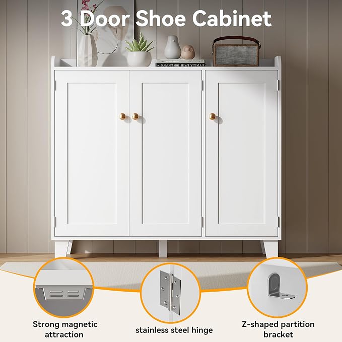 Shoe Storage Cabinet with 3 Doors and Adjustable Shelves，40 Inch Tall Farmhouse Flat-Shelf Wooden Shoe Cabinet，Shoe Rack Shoe Organizer Cabinet for Hallway Entryway Living Room （White）