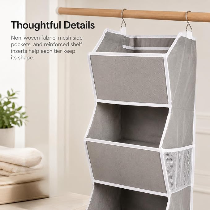4-Shelf Hanging Closet Organizer and Storage, Fabric Storage Bins Bedroom Organization with Mesh Pockets, Collapsible Hanging Shelves Wardrobe Organization for Home, Dorm, Rv (Grey)