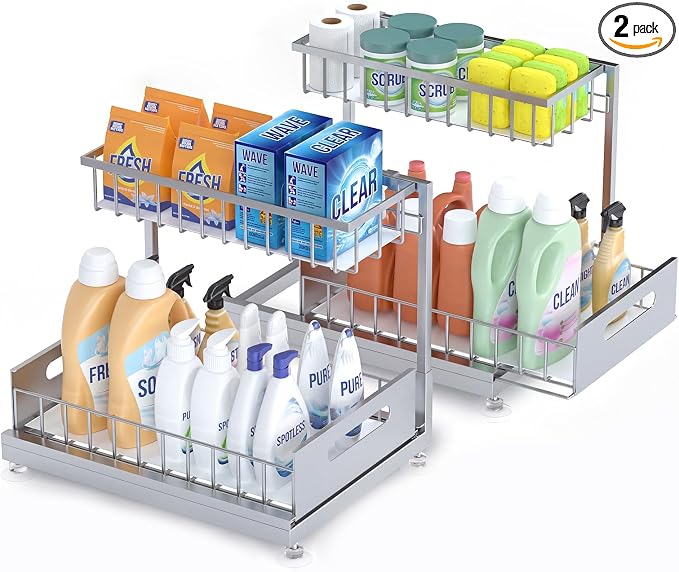 Saydear 2-Pack L-Shaped Under Sink Organizer, 2-Tier Pull-out Cabinet Rack | Grey Height-Adjustable Steel Rack, Sliding Grid Drawers with PP Liners, Holds 100 Lbs, Suction Base, Ideal Kitchen Storage