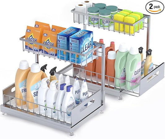 Saydear 2-Pack L-Shaped Under Sink Organizer, 2-Tier Pull-out Cabinet Rack | Grey Height-Adjustable Steel Rack, Sliding Grid Drawers with PP Liners, Holds 100 Lbs, Suction Base, Ideal Kitchen Storage