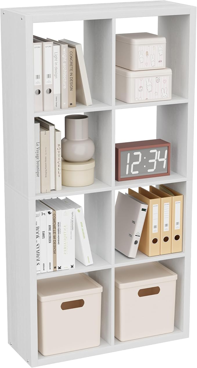 VDNEND Cube Storage Organizer Bookcase, Decorative 11 inch Open Back Cubical Shelf with Thickened Border, Display Bookshelf for Living Room, Home Office, Sturdy Room (White, 8 Cube)