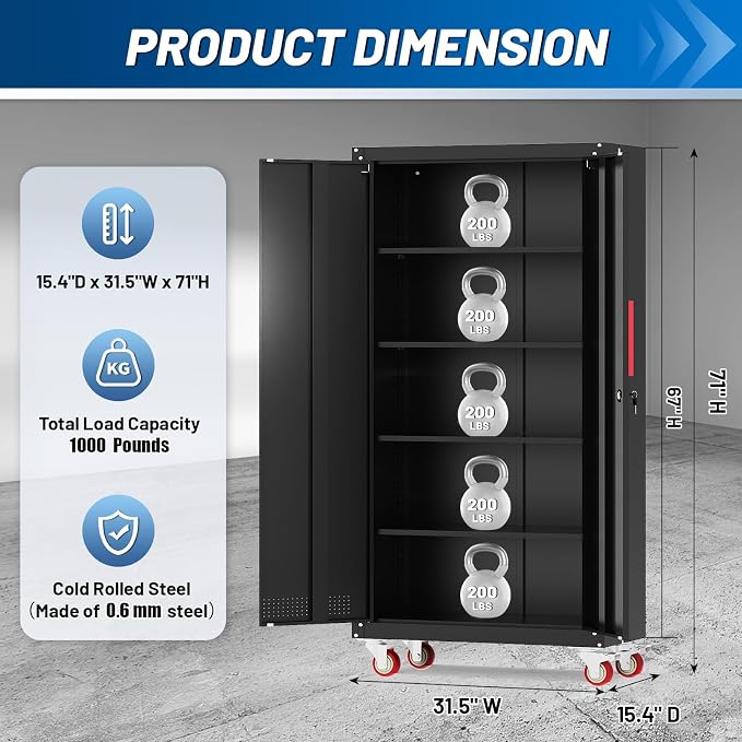 Metal Storage Cabinet with Wheels,71"Garage Cabinets with Lock Door | Heavy-Duty Garage Tool Cabinet with 4 Adjustable Shelves,Garage Cabinet and Storage System for Garage,Home Workshop & Office
