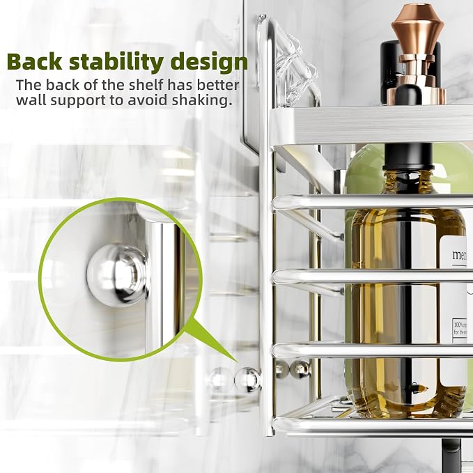 Yougai Shower Caddy, Shower Organizer with Soap Holder and Hooks, Rustproof Shower Shelves, No Drilling Bathroom Organizers and Storage, Wall-Mounted Kitchen & Home Decor (Silver)