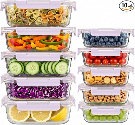 Dealusy 10 Sets (20-Piece) 36 oz & 12 oz Glass Food Storage Containers with lids, Airtight Leak-proof Glass Meal Prep Containers with Lids, Microwave Oven Freezer Dishwasher Safe, Purple