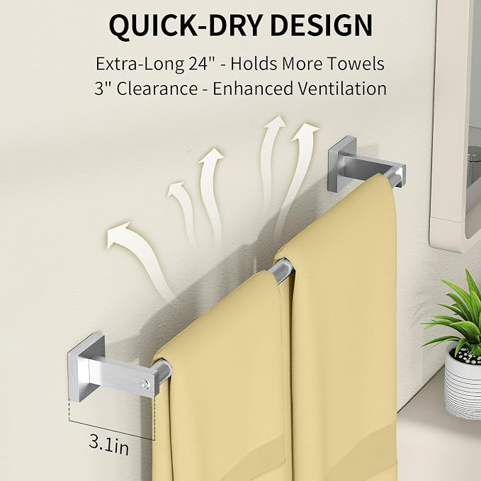 MKO Towel Bar for Bathroom, 24" Wall Mounted Towel Rack, Brushed Nickel | Hand Towel Holder Rod with Heavy-Duty Stainless Steel for Bathroom Kitchen Hanger, 2 Pack Value