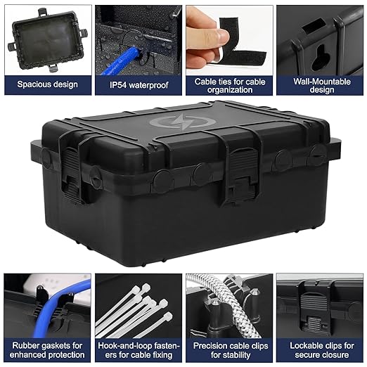 Large Outdoor Electrical Box Waterproof, IP54 Extension Cord Cover Weatherproof Outdoor Outlet Covers, Protect Power Strip, Timer Outlet, Plug, Socket, Holiday Light, Black (12 x 9X 5 inch)