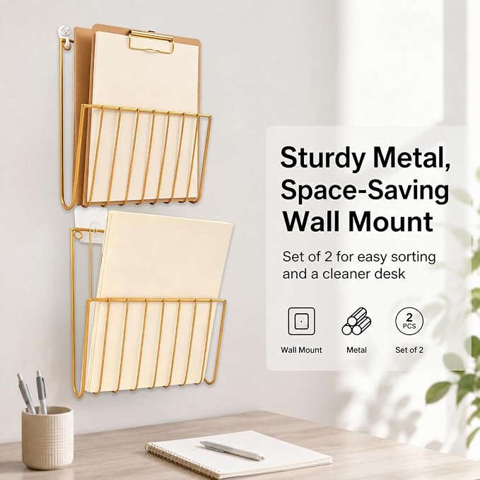 2 Pack Minimalist U-Shaped Wall Magazine Holder, Metal Wall Mounted File Organizer, No Drill Hanging Paper Mail Folder Rack for Home Office Document Magazine Storage