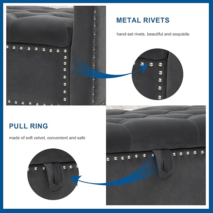 Storage Ottoman Bench, Velvet Upholstered Footstool for Bedroom and Living Room, Frosted Flannel Seat with Storage, Wooden Legs & Metal Rivets, Dark Grey