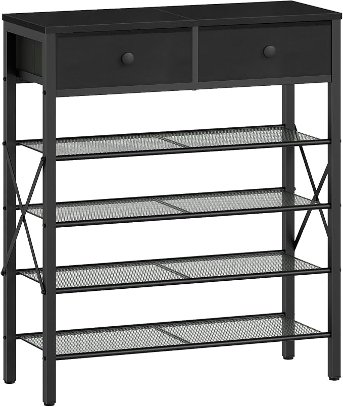 5 Tier Shoe Rack, Large Capacity Shoe Storage Organizer, Metal Shoe Shelf with Drawer and Wooden Top, for 20 Pairs of Shoes, for Entryway, Closet, Black SS25BB
