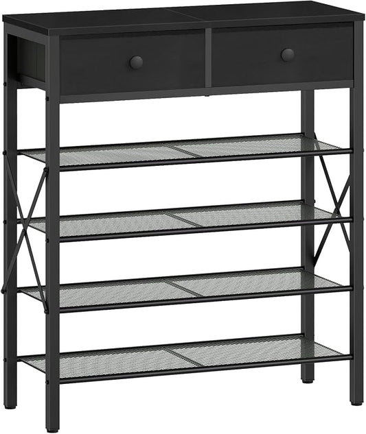5 Tier Shoe Rack, Large Capacity Shoe Storage Organizer, Metal Shoe Shelf with Drawer and Wooden Top, for 20 Pairs of Shoes, for Entryway, Closet, Black SS25BB