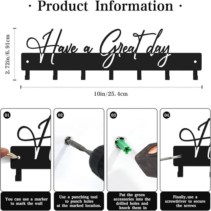 Have a Great Day Key Hooks for Wall Decoration,Delicate Fashion Black Metal Key Holder Wall Mount,Have a Great Day Key Hanger with 7 Kooks for Hallway,Office
